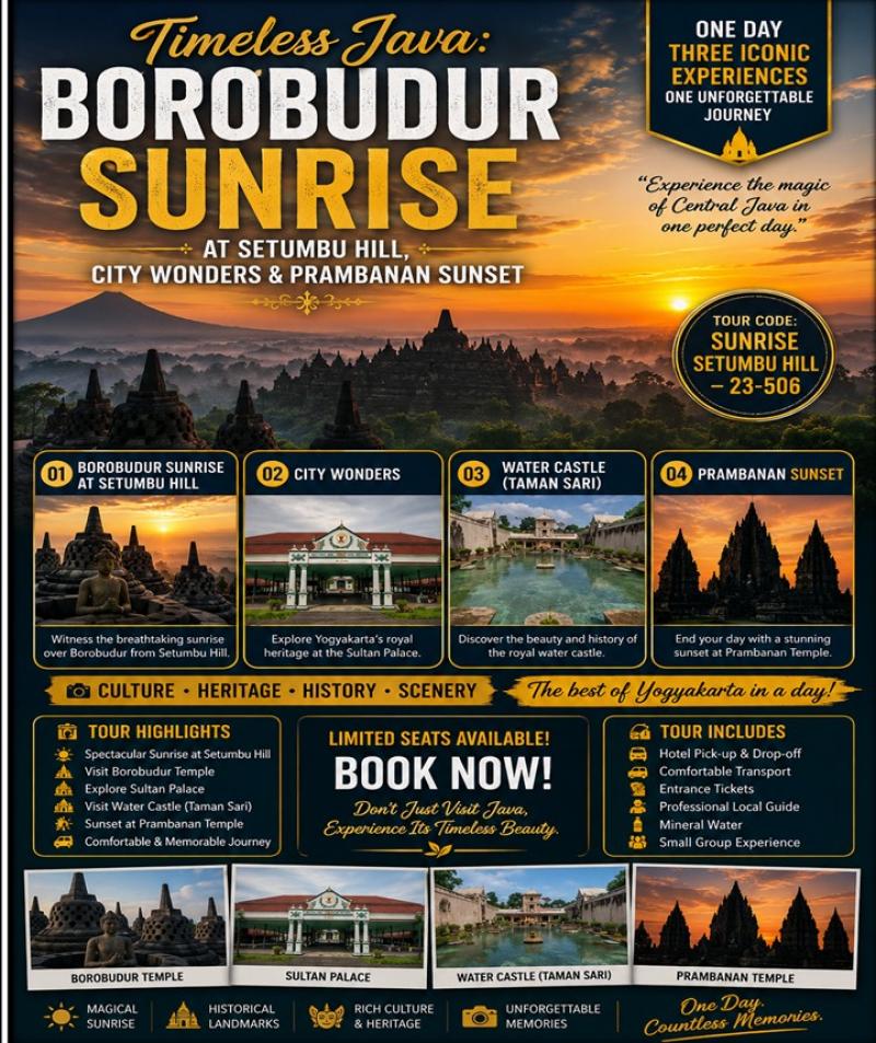 Timeless Java: Borobudur Sunrise at Setumbu Hill, City Wonders and Prambanan Sunset