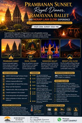 Prambanan Sunset, Royal Dinner, Ramayana Ballet and Merapi Lava Glow Experience